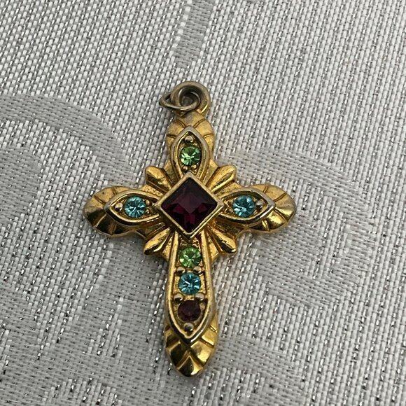 Premier Design Gold Tone Cross Pendant Red & Green Rhinestones - Picture 1 of 3